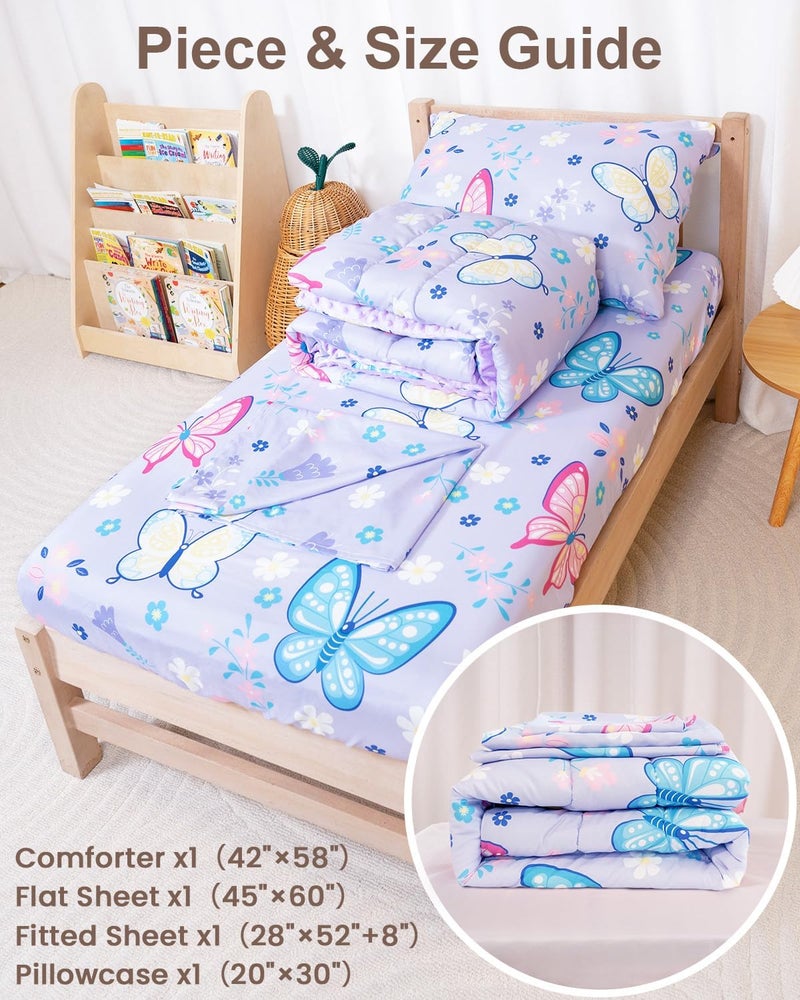 TinyPalsa Butterfly Toddler Bedding Set, 4-Piece Comforter Set for Girls and Boys, Breathable Crib Bedding Includes Ultra-Soft Plush Minky Comforter, Flat and Fitted Sheets, and Reversible Pillowcase - Image 3